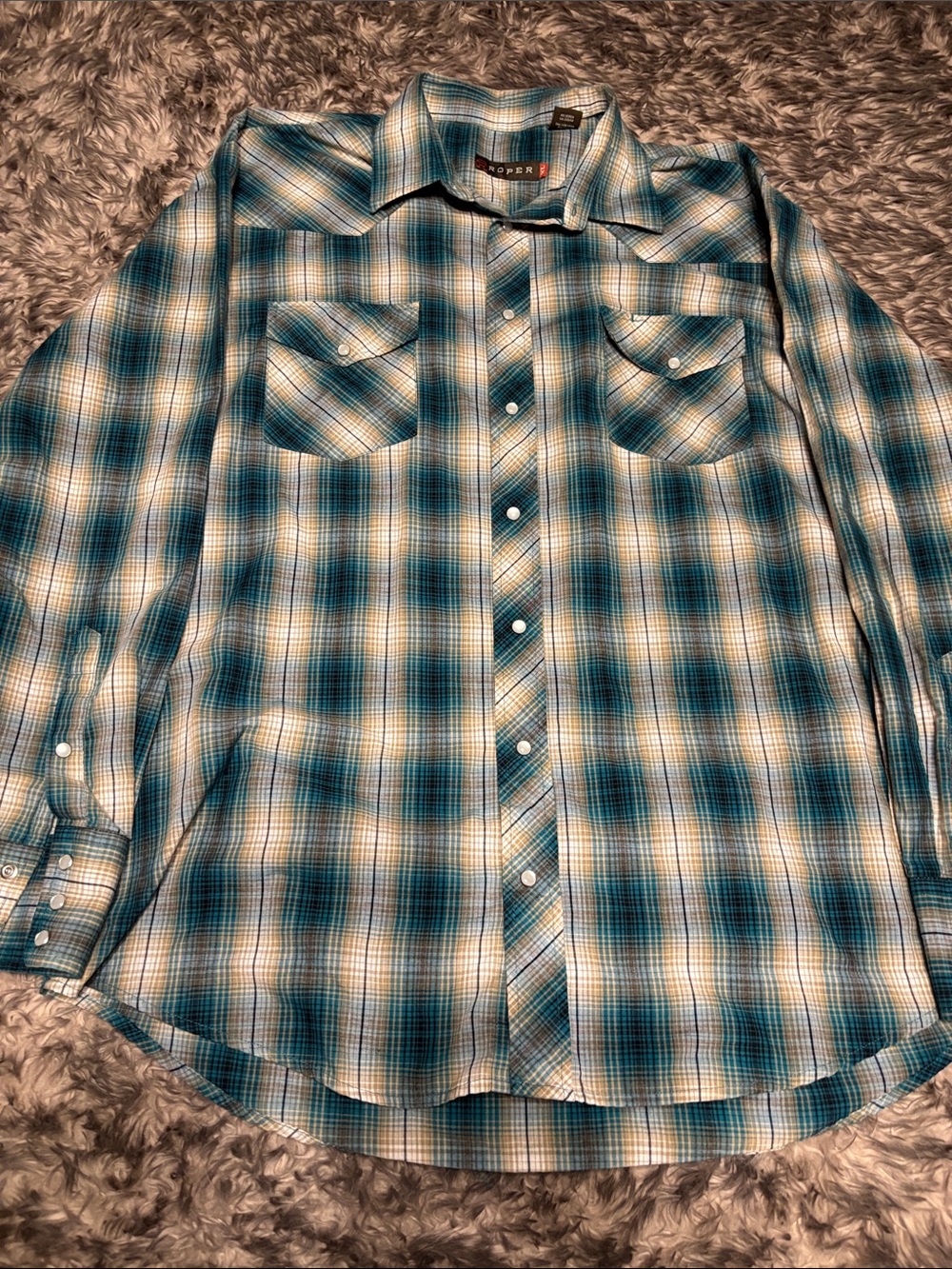 Roper Teal, White and Cream Plaid Button-Down Western Shirt
